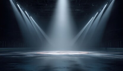 Dark arena stage lit by three spotlights