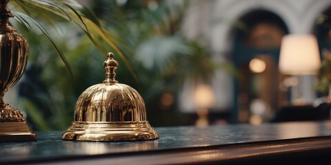 Gold service bell on a marble countertop in a hotel lobby