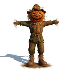 Whimsical Scarecrow with Pumpkin Head and Rustic Clothing Isolated on White