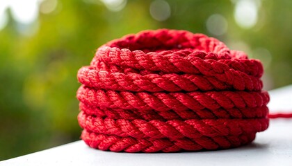 A coiled red rope on a white surface. Blurry green background