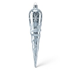 Shimmering Icicle Christmas Ornament with Delicate Snowflake Pattern Against White Backdrop