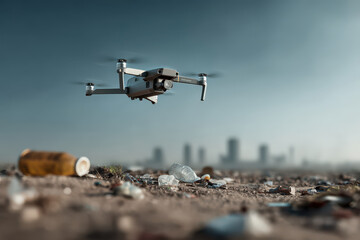 drones efficiently sort waste by type in urban environment emphasizing clean and minimalistic backdrop