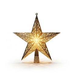 Ornate Golden Christmas Tree Topper Star Ornament Shines Brightly on White Background