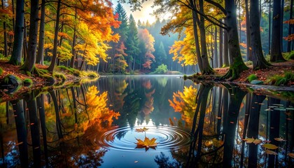 A serene autumnal scene unfolds, showcasing a tranquil lake reflecting vibrant fall foliage, with a gentle rippling effect on the water's surface.