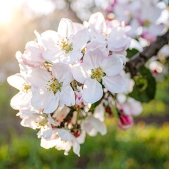 Close-up of delicate, white apple blossoms, sunlit, vibrant colors, soft focus