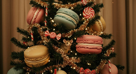 Festive Christmas Tree Decorated with Colorful Macarons and Candy Ornaments, Perfect for Holiday Celebration and Dessert-Themed Seasonal Campaigns