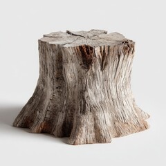 A weathered, light gray tree stump.  It's round and sits low to the ground.  Visible wood grain and texture