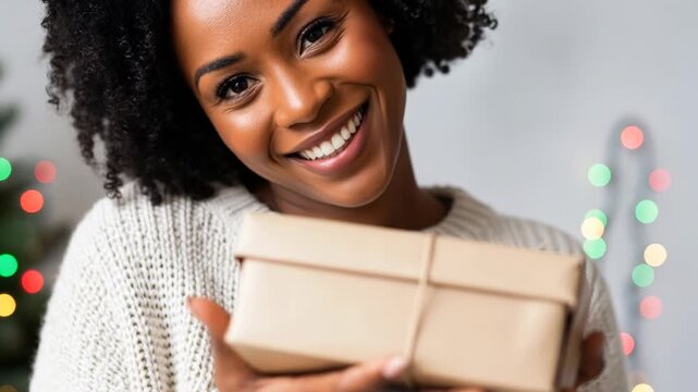 Cheerful Black woman showing Christmas gift with handmade ecological packaging