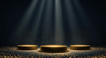 Three gold podiums under spotlight, dark background