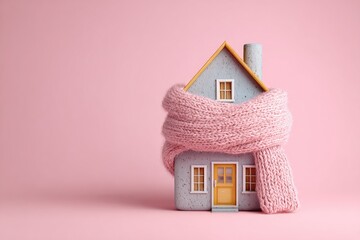 A small, gray house figurine wrapped in a pink knitted scarf, set against a pale pink background