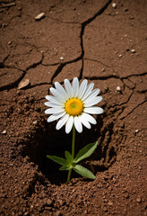 Single white daisy flower with a Registration black center growing through a crack in dry