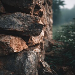 Close-up stone wall, weathered textures.  A rustic stone wall, close-up, showing the rough, natural textures of various sized stones.  Muted colors and a hazy background of foliage