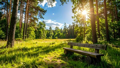 Sunny forest scene with bench