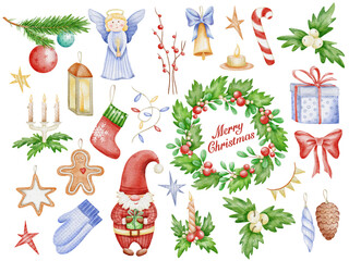 Christmas hand drawn watercolor clipart with Santa, wreath, angel, gifts, stockings, candles, cookies, and holiday decorations. Perfect for cards, stickers, wrapping, festive design, home decorations 