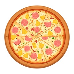 A delectable pizza, topped with colorful pineapple, ham, and cheese, is showcased in a detailed illustration.