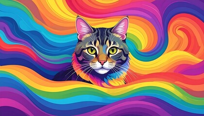 Fototapeta premium Colorful cat portrait surrounded by swirling rainbow stripes