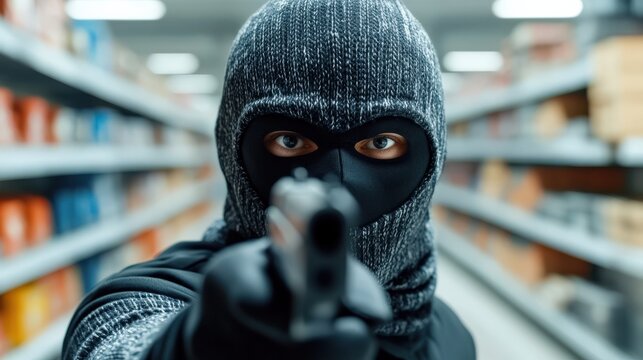 A Tense Scene of a Robber Holding a Gun in a Grocery Store Aisle, Wearing a Mask and Knitted Sweater, Eliciting Fear and Anxiety in a Retail Environment