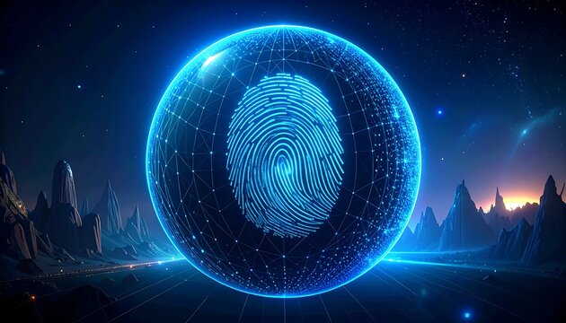 Glowing blue fingerprint inside sphere. Futuristic landscape with mountains in distance - Powered by Adobe
