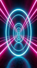 Obraz premium Vibrant neon tunnel portal with glowing blue and pink lights creating a futuristic motion effect