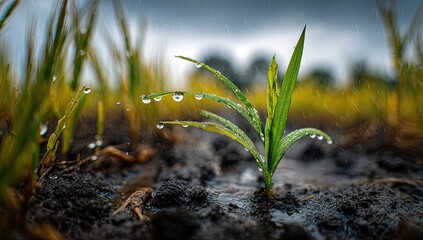Close-up of young rice seedlings in a field during rain.  Drops of water cling to the tender leaves.  Dark, moist soil surrounds the plants.  Soft, blurred background of more plants and cloudy sky