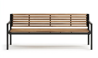 Modern park bench, light wood slats, dark metal frame