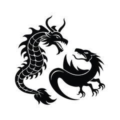 Black white silhouette fierce Chinese dragon