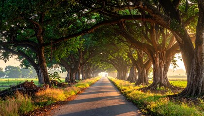 Naklejka premium A sun-drenched country road lined with ancient trees, creating a tranquil and peaceful scene.