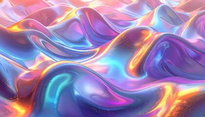A dynamic abstract design with iridescent hues and flowing, wavy forms.