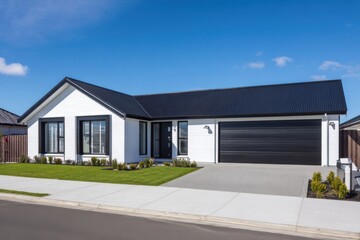 A contemporary single-story home featuring a beautifully landscaped front yard is nestled in a charming residential neighborhood, bathed in sunny light