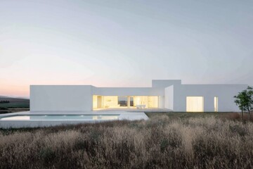 This modern architectural masterpiece, set against a serene landscape at dusk, beautifully showcases a tapestry of vibrant colors and tranquil design elements that engage the senses.