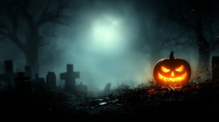 Spooky glowing jack-o'-lantern illuminates a dark, misty graveyard with tombstones and bare trees under an eerie moonlit sky, perfect for Halloween themes.