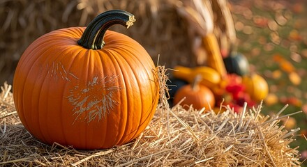 Orange pumpkin decoration with fall background, seasonal decoration for autumn festival