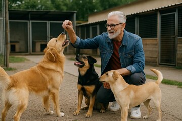 Smiling senior man feeding three dogs outdoors at a shelter, enjoying time together.