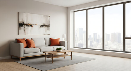 Bright and modern living room with city view and contemporary design