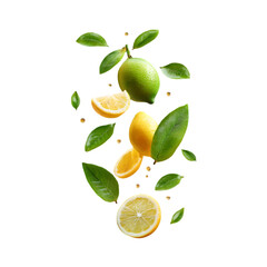 Flying yuzu slices and peel fragments with juice beads suspended mid-burst, capturing citrus freshness