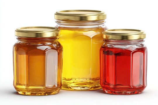Three glass jars filled with different sweet treats.  Honey, jam or jelly in varying shades of amber, gold and red.  Gold lids on each.  Clean, studio shot