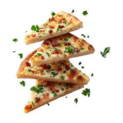 Flying slices of Tarte Flambée with thin crust, cream, onions, and bacon pieces hovering