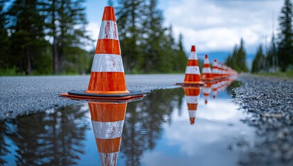 Row of orange traffic cones in a puddle, reflecting the sky