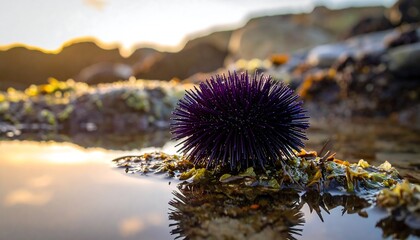 A vibrant purple sea urchin rests on a rock in a shallow tide pool, showcasing intricate details against a soft, golden sunset backdrop.
