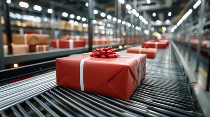 Colorful Presents on Conveyor Belt in Modern Warehouse Setting with Bright Lighting and Holiday Atmosphere