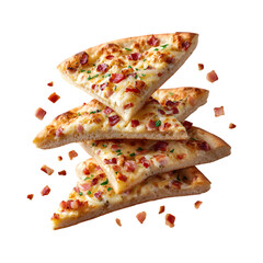 Flying slices of Tarte Flambée with thin crust, cream, onions, and bacon pieces hovering