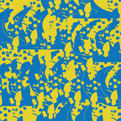 Seamless, lively pattern in blue and yellow with stylized leaves and organic shapes. Ideal for fabrics, packaging, or digital backgrounds. Fresh, modern, and decorative.