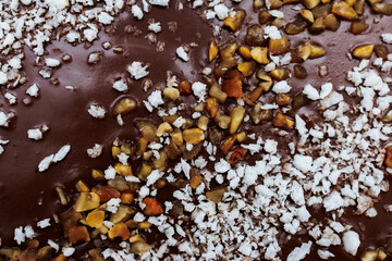 Background of dessert with chocolate, coconut and nuts