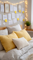 Dreamy bedroom wall collage with notes and illustrations for creative inspiration