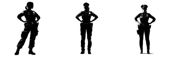 A female police officer is shown in silhouette against a white backdrop