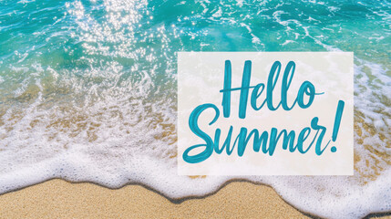 Obraz premium Hello summer greeting card design with ocean waves and sandy beach