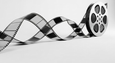 Vintage film reel unwinding with dynamic motion and classic cinema aesthetic