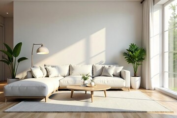Serene Minimalist Living Room Natural Light & Neutral Tones Create a Calm and Spacious Atmosphere, Perfect for Interior Design Blogs and Magazines