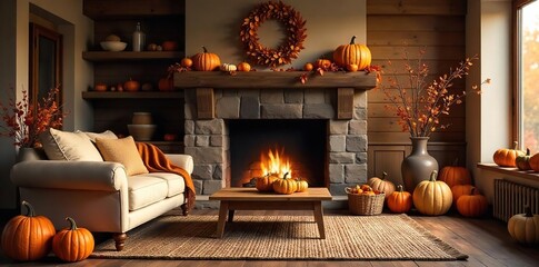 Cozy living room decorated for a fall harvest festival, featuring pumpkins, gourds, and autumn leaves Warm lighting creates a welcoming atmosphere perfect for family gatherings , fall decor, autumn