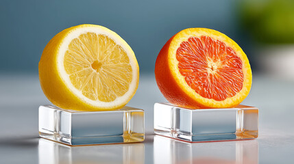 Vibrant display of floating lemon and orange rings on transparent stands